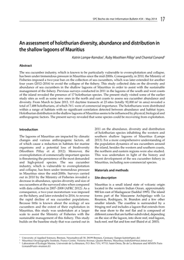 An Assessment of Holothurian Diversity, Abundance and Distribution in the Shallow Lagoons of Mauritius Katrin Lampe-Ramdoo1, Ruby Moothien Pillay2 and Chantal Conand3