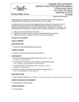 AGENDA 102 Remington Street Fort Collins, CO 80524 September 24, 2019 Prompt, Skillful, Caring 8:30 AM *Requires Board Action