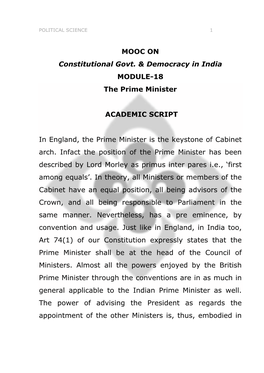 Prime Minister and the Lok Sabha: by Virtue of Being the Leader of the Majority Party, the Prime Minister Functions As the Leader of the Lok Sabha As Well