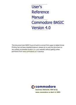 User's Reference Manual Commodore BASIC Version 4.0