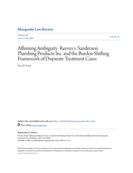 Reeves V. Sanderson Plumbing Products Inc. and the Burden-Shifting Framework of Disparate Treatment Cases David J