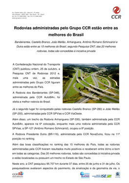 Rodovias Administradas Pelo Grupo CCR Estão Entre As Melhores Do Brasil