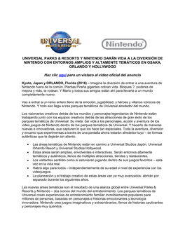 Universal Parks & Resorts Y Nintendo Darán Vida a La