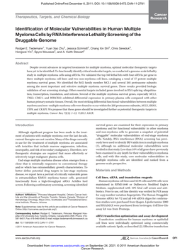 Identification of Molecular Vulnerabilities in Human Multiple Myeloma Cells by RNA Interference Lethality Screening of the Druggable Genome