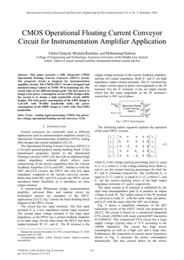 CMOS Operational Floating Current Conveyor Circuit for Instrumentation Amplifier Application