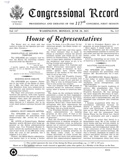 Congressional Record United States Th of America PROCEEDINGS and DEBATES of the 117 CONGRESS, FIRST SESSION