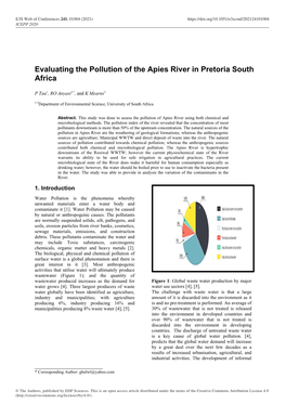 Evaluating the Pollution of the Apies River in Pretoria South Africa