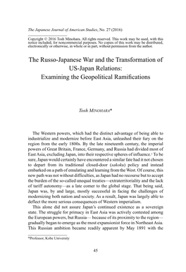 The Russo-Japanese War and the Transformation of US-Japan Relations: Examining the Geopolitical Ramifications