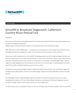 Siriusxm to Broadcast Stagecoach: California's Country Music Festival Live