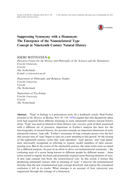 Suppressing Synonymy with a Homonym: the Emergence of the Nomenclatural Type Concept in Nineteenth Century Natural History