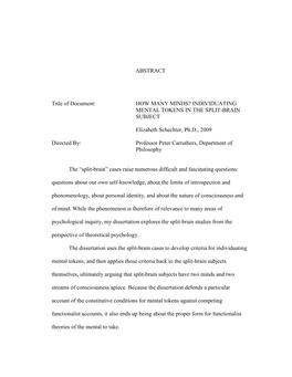 ABSTRACT Title of Document: HOW MANY MINDS? INDIVIDUATING MENTAL TOKENS in the SPLIT-BRAIN SUBJECT Elizabeth Schechter, Ph.D., 2