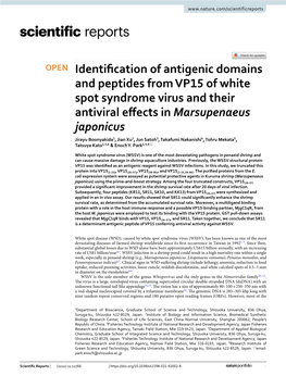 Identification of Antigenic Domains and Peptides from VP15 of White Spot Syndrome Virus and Their Antiviral Effects in Marsupena