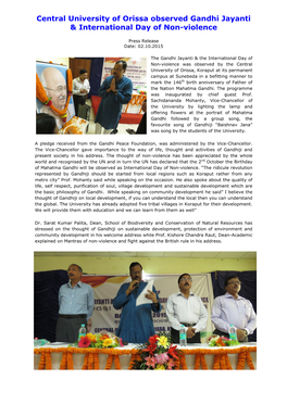 Central University of Orissa Observed Gandhi Jayanti & International Day of Non-Violence