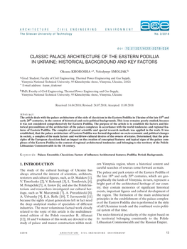 Classic Palace Architecture of the Eastern Podillia in Ukraine: Historical Background and Key Factors
