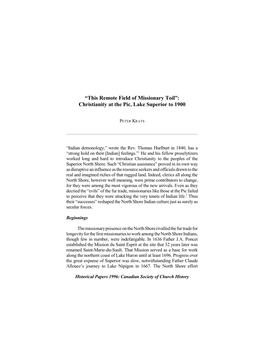“This Remote Field of Missionary Toil”: Christianity at the Pic, Lake Superior to 1900