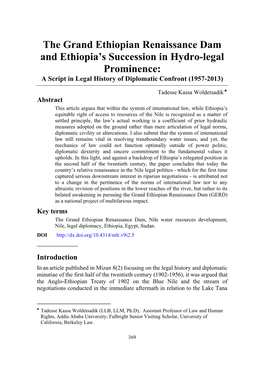 The Grand Ethiopian Renaissance Dam and Ethiopia's Succession in Hydro-Legal Prominence