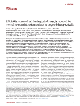 PPAR-Δ Is Repressed in Huntington's Disease, Is Required for Normal