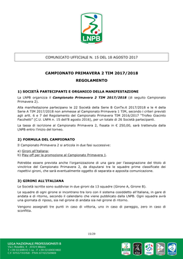 Campionato Primavera 2 Tim 2017/2018 Regolamento