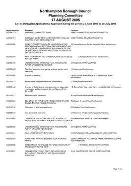 Northampton Borough Council Planning Committee 17 AUGUST 2005 List of Delegated Applications Approved During the Period 23 June 2005 to 20 July 2005