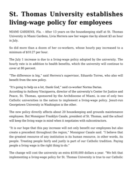 St. Thomas University Establishes Living-Wage Policy for Employees