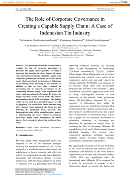 The Role of Corporate Governance in Creating a Capable Supply Chain: a Case of Indonesian Tin Industry