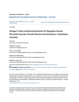 Omega-3 Fatty Acid-Derived Resolvin D2 Regulates Human Placental Vascular Smooth Muscle and Extravillous Trophoblast Activities