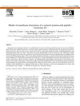 Modes of Membrane Interaction of a Natural Cysteine-Rich Peptide: Viscotoxin A3