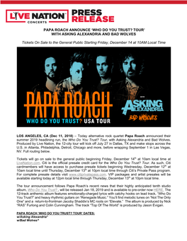 Papa Roach Announce 'Who Do You Trust? Tour' With