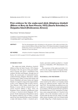 First Evidence for the Snake-Eyed Skink Ablepharus Kitaibelii (Bibron Et Bory De Sant-Vincent, 1833) (Sauria Scincidae) in Astypalea Island (Dodecanese, Greece)