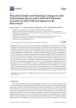 Projected Climatic and Hydrologic Changes to Lake Victoria Basin Rivers Under Three RCP Emission Scenarios for 2015–2100 and Impacts on the Water Sector