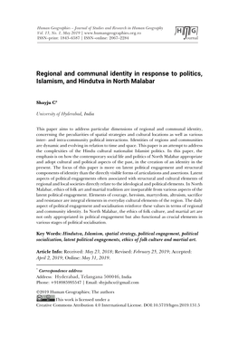 Regional and Communal Identity in Response to Politics, Islamism, and Hindutva in North Malabar