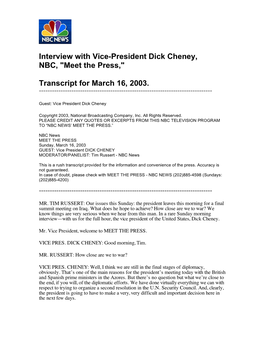 Interview with Vice-President Dick Cheney, NBC, 