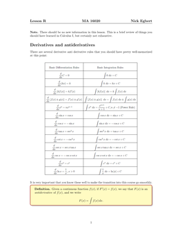 Derivatives and Antiderivatives