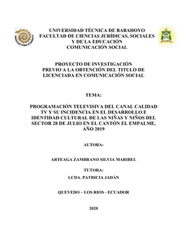 Universidad Técnica De Babahoyo Facultad De Ciencias Jurídicas, Sociales Y De La Educación Comunicación Social