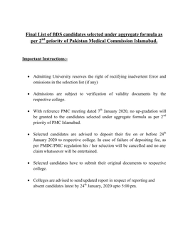 Final List of BDS Candidates Selected Under Aggregate Formula As Per 2Nd Priority of Pakistan Medical Commission Islamabad