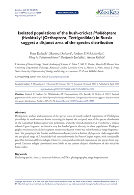 Isolated Populations of the Bush-Cricket Pholidoptera Frivaldszkyi (Orthoptera, Tettigoniidae) in Russia Suggest a Disjunct Area of the Species Distribution
