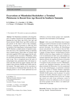 Excavations at Mlambalasi Rockshelter: a Terminal Pleistocene to Recent Iron Age Record in Southern Tanzania