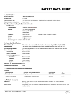 Thiocyanate Reagent Product Code R-1305K Recommended Use Use As Directed by Manufacturer for Purposes Directly Related to Water Testing