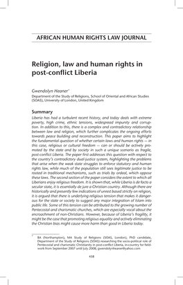 Religion, Law and Human Rights in Post-Conflict Liberia