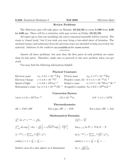 Statistical Mechanics I Fall 2005 Mid-Term Quiz Review Problems
