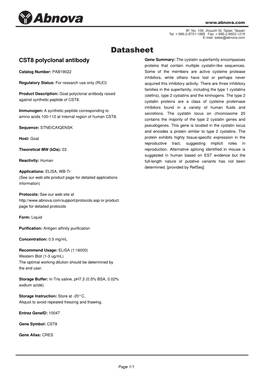 CST8 Polyclonal Antibody Gene Summary: the Cystatin Superfamily Encompasses Proteins That Contain Multiple Cystatin-Like Sequences