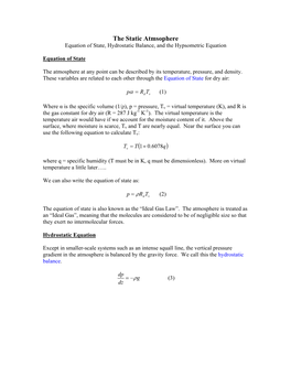 The Static Atmsophere Equation of State, Hydrostatic Balance, and the Hypsometric Equation