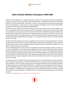 Ulster Schools Athletics Champions 1949-2020