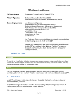 ESF-9 Search and Rescue I. INTRODUCTION II. POLICIES