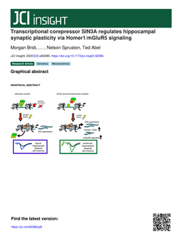 Transcriptional Corepressor SIN3A Regulates Hippocampal Synaptic Plasticity Via Homer1/Mglur5 Signaling