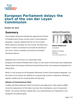 European Parliament Delays the Start of the Von Der Leyen Commission