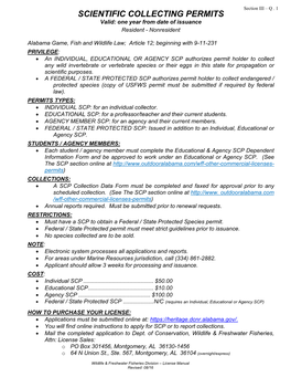 SCIENTIFIC COLLECTING PERMITS Valid: One Year from Date of Issuance Resident - Nonresident