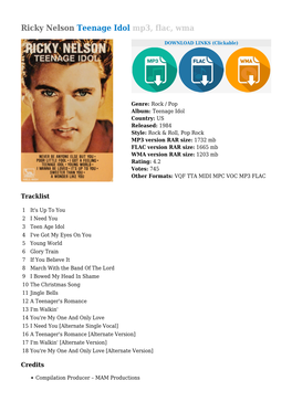 Ricky Nelson Teenage Idol Mp3, Flac, Wma