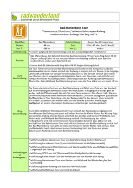 Bad Marienberg-Tour Themenroute / Rundtour / Teilweise Bahntrassen-Radweg Streckencharakter: Radwege Über Berg Und Tal