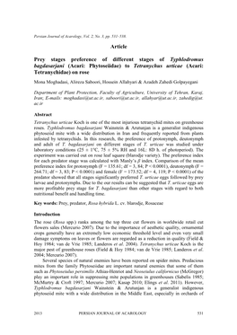 Article Prey Stages Preference of Different Stages of Typhlodromus Bagdasarjani (Acari: Phytoseiidae) to Tetranychus Urticae